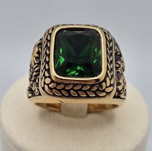 Stainless Steel Gold-Tone Dragon Green Stone Men Ring Size 9